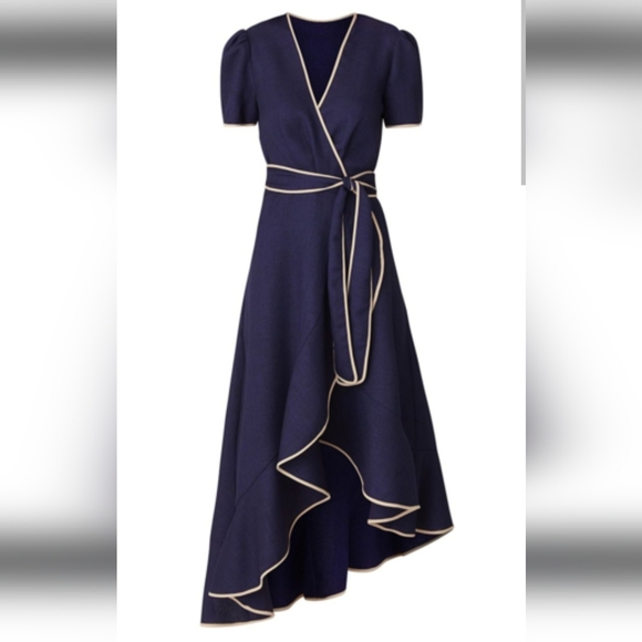 Shoshanna Dresses & Skirts - Fabulous Navy Wrap Dress with Cream Piping High Low